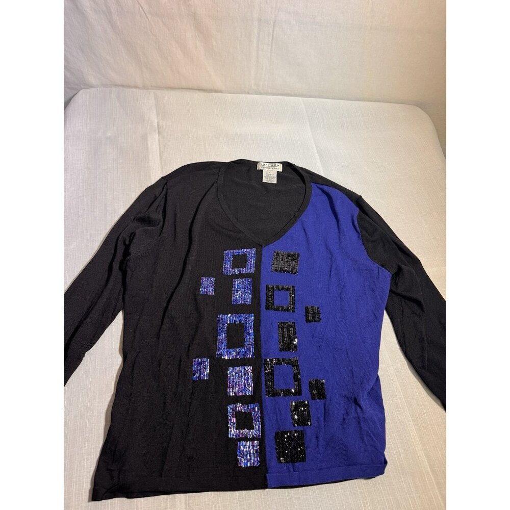 John Paul Richard Uniform Top L Black Blue Sequin Geometric V-Neck Long Sleeve